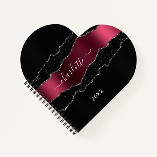 Zwarte bogundy agate marble glitter name girl notitieboek (Voorkant)