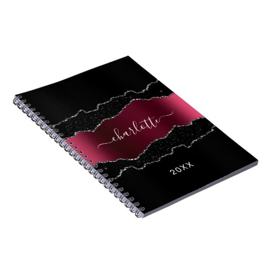 Zwarte bogundy agate marmer glitter name notitieboek (Rechterzijde)