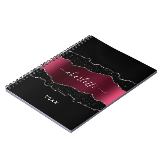 Zwarte bogundy agate marmer glitter name notitieboek (Linkerzijde)