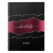Zwarte bogundy agate marmer glitter name notitieboek (Voorkant)