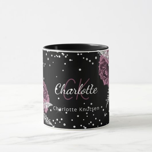 Zwarte bogungefloralen elegante monogram mok (Midden)