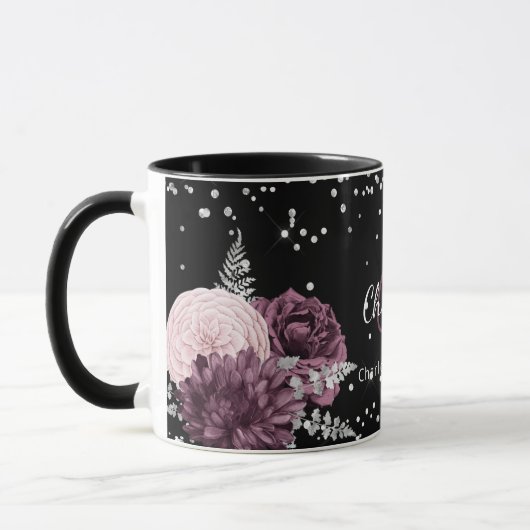 Zwarte bogungefloralen elegante monogram mok (Links)