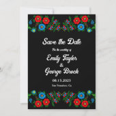 Zwarte Boho Blauwe Rode Rozen Romantische Bloemige Save The Date (Voorkant)