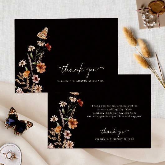 Zwarte Boho Bloemen Bruiloft Bedankkaart