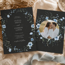 Zwarte Boho Bloemen Bruiloftsinvatie | Donkerblauw