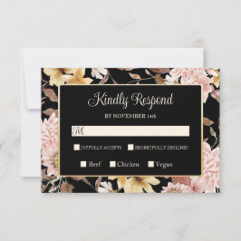Zwarte Boho Bloemen & Vogel Trouw RSVP Kaartje