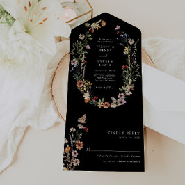 Zwarte Boho Bloemige All-in-One Trouw Uitnodiging