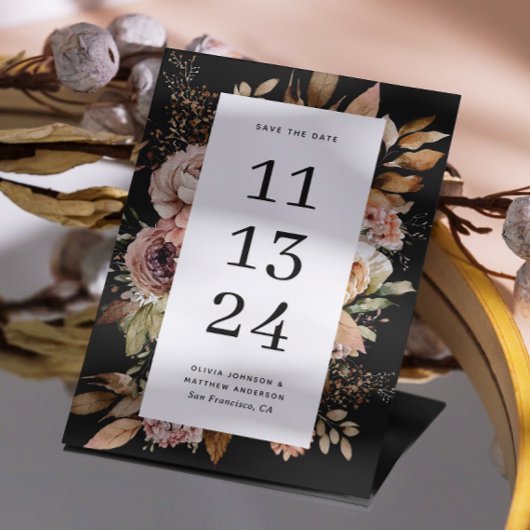 Zwarte Boho Bloemige Bruiloft | Rustieke Sombere D Save The Date