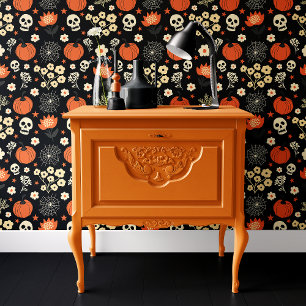 Zwarte Boho Halloween Schedels en Pompoenen Behang