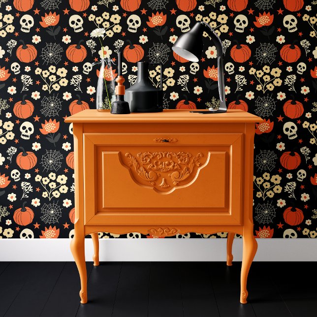Zwarte Boho Halloween Schedels en Pompoenen Behang (Creator heeft geüpload)