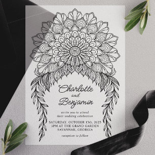 Zwarte Boho Mandala Bladrijke Wijnstok Bruiloft Vellum Uitnodigingen