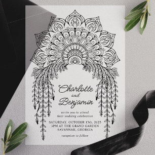 Zwarte Boho Mandala Moderne Trouwdag Vellum Uitnodigingen