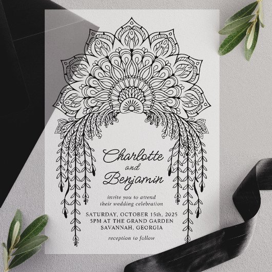 Zwarte Boho Mandala Moderne Trouwdag Vellum Uitnodigingen