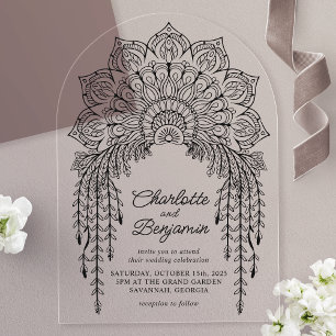 Zwarte Boho Mandala Moderne Trouwkaart Acryl Uitnodigingen