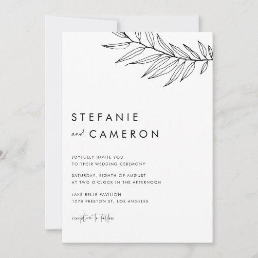 Zwarte Boho Minimalistische Foliage QR Code Trouwe Kaart (Voorkant)