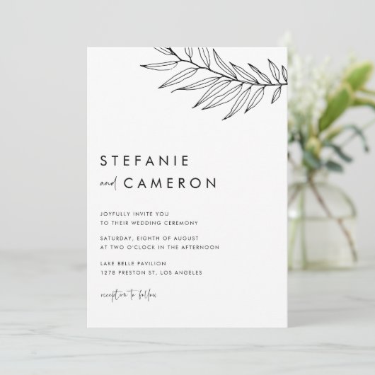 Zwarte Boho Minimalistische Foliage QR Code Trouwe Kaart (Staand voorkant)