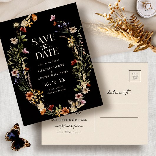 Zwarte Boho Save The Date-ansichtkaart Briefkaart
