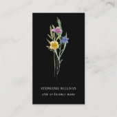 Zwarte Boho Waterverf Wildflower Visitekaartje (Voorkant)