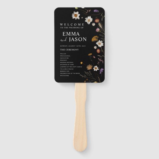 Zwarte Boho-wildbloem-huwelijk-bedanksticker Handwaaier (Voorkant)