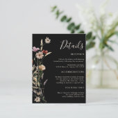 Zwarte Boho Wilde Bloemen Bruiloft Informatiekaartje (Staand voorkant)