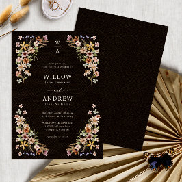 Zwarte Boho Wilde Bloemen Bruiloft Kaart