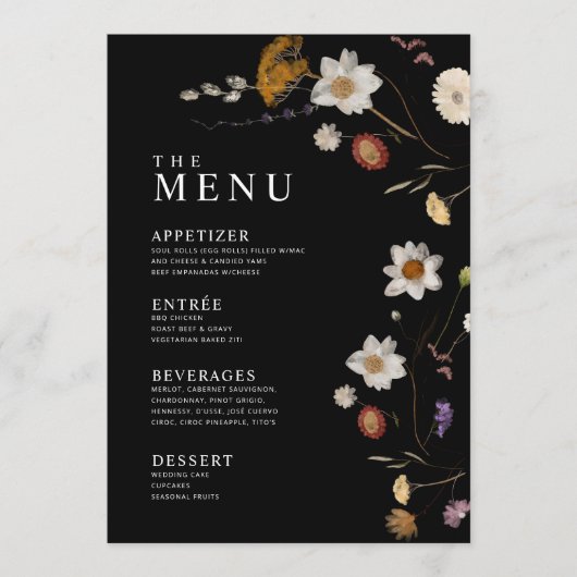 Zwarte Boho Wildflower Menukaarten Menu (Voorkant)