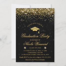 Zwarte Bokeh & Gouden Glitter Afstudeerfeest Kaart