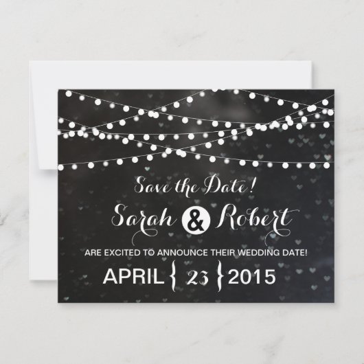 Zwarte Bokeh Sliert van Lichten Bewaar de Datum Save The Date (Voorkant)