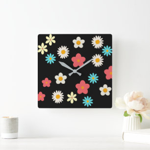 Zwarte Bold Y2K Wildflower Levendige Home Decor Vierkante Klok
