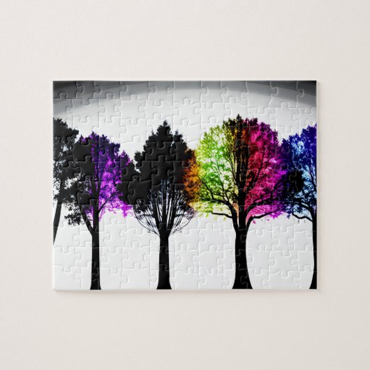 Zwarte Bomen en Kleurenplons met Witte Achtergrond Legpuzzel (Horizontaal)