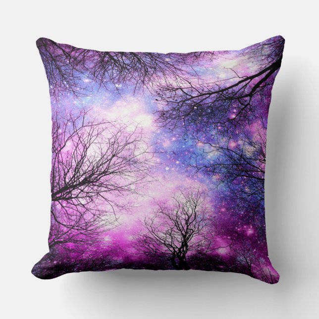 Zwarte Bomen Fuchsia Violet Ruimte Kussen (Voorkant)