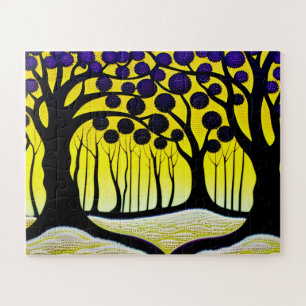 Zwarte Bomen met Paarse Fruit Yellow Sky voor kind Legpuzzel