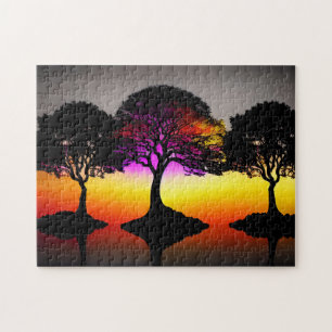 Zwarte Bomen met Sunset Achtergrond en Grijze Heme Legpuzzel