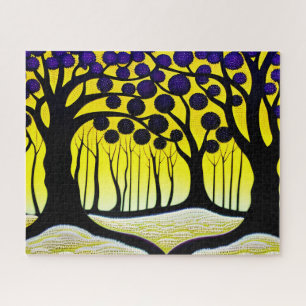 Zwarte Bomen Paarse Fruit met Gele Achtergrond Legpuzzel