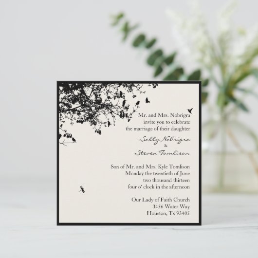 Zwarte Bomen & Vogels Kaart (Staand voorkant)