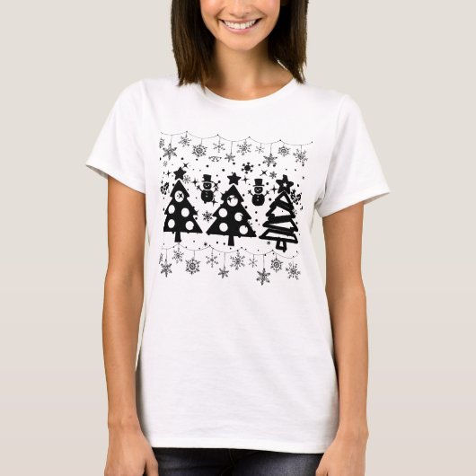 Zwarte bomen Winterbos Modern Kerstmis T-shirt (Voorkant)