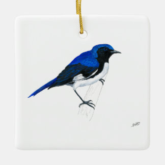 Zwarte bonte blauwe grasmus keramisch ornament