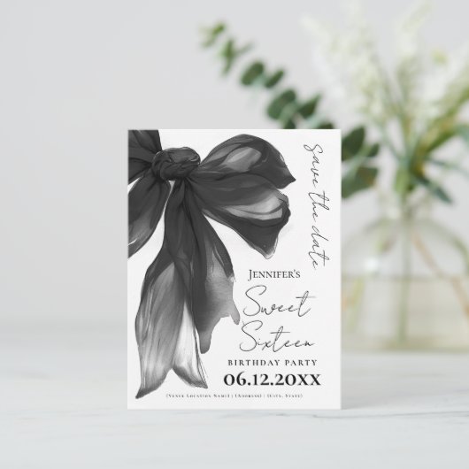 Zwarte Boog Coquette Sweet 16 Bewaar de datum Briefkaart (Staand voorkant)
