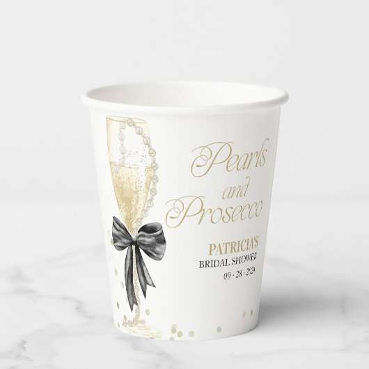 Zwarte Boog Parels & Prosecco Bruidsfeest Papieren Bekers (Achterkant)
