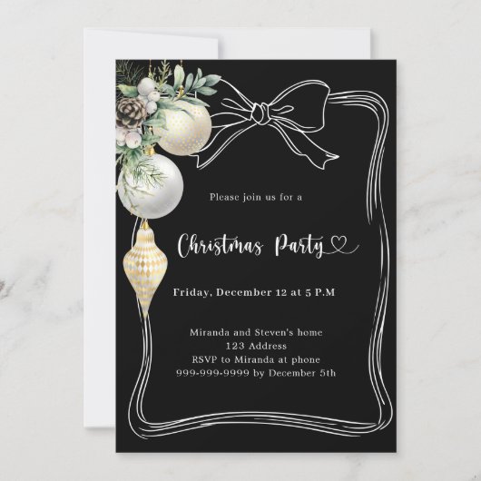 Zwarte boog witte kerstballen handgetekende kerstf kaart (Voorkant)