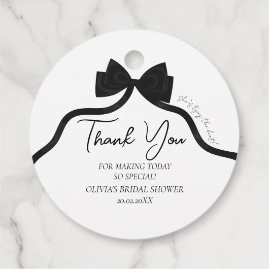 Zwarte boog ze bindt het knoop vrijgezellenfeest bedankjes labels (Achterkant)