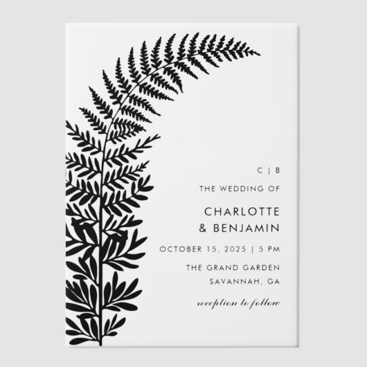 Zwarte boogvaren moderne minimalistische bruiloft vellum uitnodigingen (Voorkant)