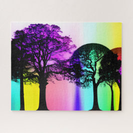 Zwarte Boom Silhouetten en Rainbow Achtergrond Legpuzzel