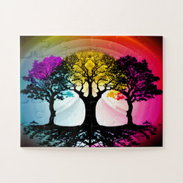 Zwarte boom silhouetten met Paarse gele roze hemel Legpuzzel