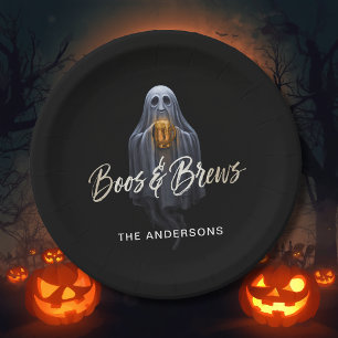 Zwarte Boos & Brews Geest Halloween Papieren Bordje