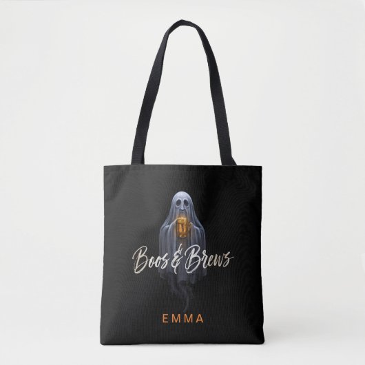 Zwarte Boos & Brews Geest Halloween Tote Bag (Voorkant)