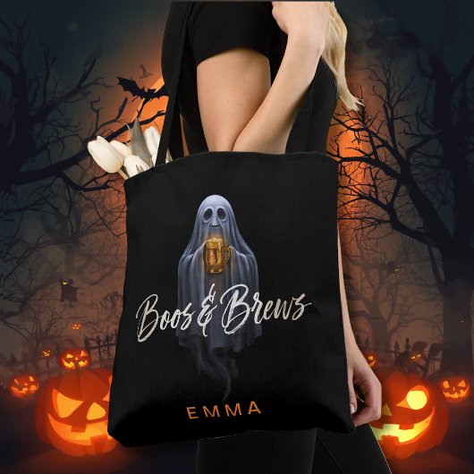 Zwarte Boos & Brews Geest Halloween Tote Bag