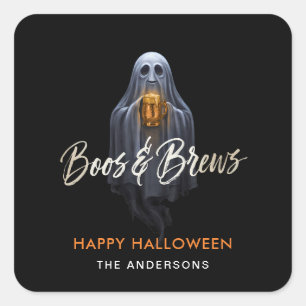 Zwarte Boos & Brews Geest Halloween Vierkante Sticker