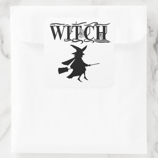 Zwarte Boosaardige Vliegende Heks Halloween Vierkante Sticker (Tas)