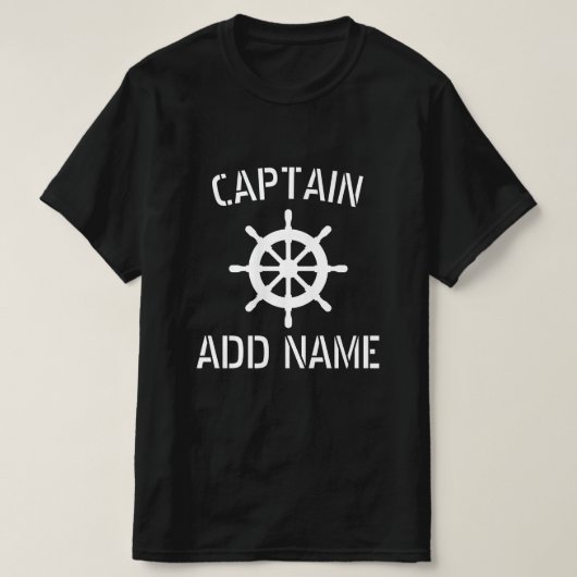 Zwarte bootkapitein t shirt met houten stuur logo (Design voorkant)
